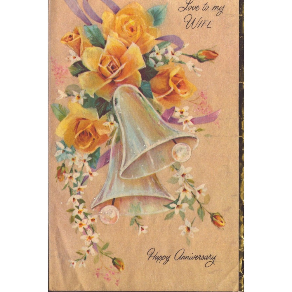 Vintage 1960s Norcross Anniversary Card Wife Yellow Roses Silver Bells